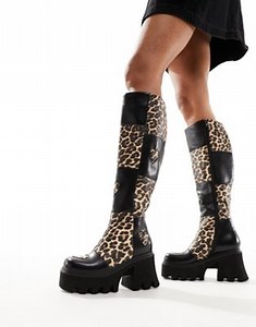 Lamoda Booming patchwork heart chunky knee boots in leopard print  | ASOS