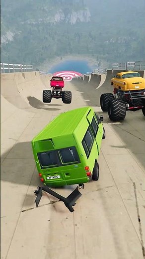 Bus vs Two Monster Trucks Crashes Race 🔥 Stairs Ramp Car Game Beamng Drive Gameplay Shorts Video