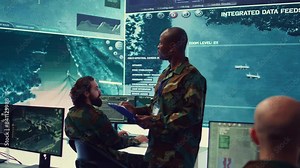 Navy captain oversees collecting important data for a national defense mission, targeting enemy vessels with the satellite radar system. Reconnaissance in a military base of operations. Camera B.