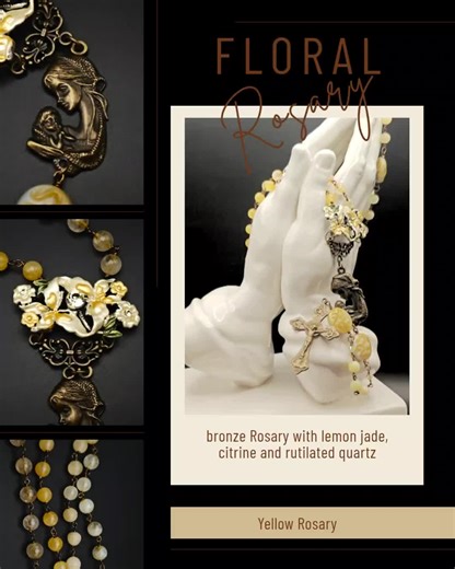 Citrine, Lemon Jade and rutilated quartz Floral Rosary in bronze #rosary #catholic #floralrosary #rosaire #rosario