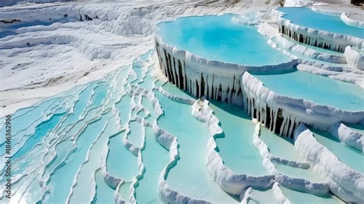 Travertine pools and flowing mineral water terraces on a sunlit hillside. Natural hot springs and a unique geological formation.