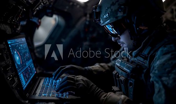 Soldier operating a glowing tactical laptop inside a dim military aircraft, focusing on digital mission data and advanced battlefield technology systems