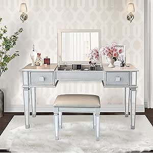 Luxury Flip Vanity Desk - Dressing Table with Flip Top Mirror and Drawers, Wood Makeup Vanity Table Set Vanity Mirror Desk for Women, Girl