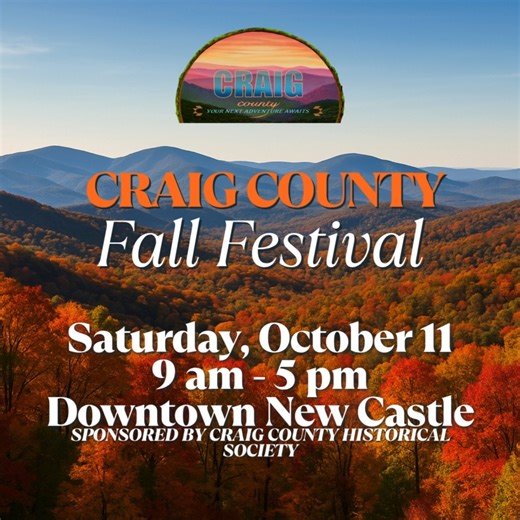 🎉 Join Us for the Craig County Fall Festival 2025! 🍂 📅 October 11, 2025 | ⏰ 9 AM – 5 PM 📍 Downtown New Castle, Virginia ✨Experience a full day of music, history, and community fun! Enjoy live performances, including the Craig County High School Choir, tributes to Stevie & Jesse Carper, a Salute to Veterans, and toe-tapping bluegrass by Ripe 4 Pickin’ and Francisco & Friends. ✨ Explore the Antique Car Show, tour the Old Brick Hotel and the restored General Store Museum, and browse displays of