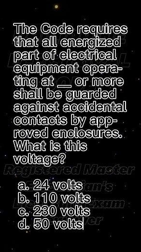 The Code requires that all energized part of electrical equipment operating at __ or more shall be guarded against accidental contacts by approved enclosures. What is this voltage? 𝐈❤️Philippine Electrical Code "𝐋𝐢𝐤𝐞 𝐚𝐧𝐝 𝐬𝐡𝐚𝐫𝐞 — 𝐎𝐧𝐞 𝐩𝐨𝐬𝐭 𝐦𝐚𝐲 𝐡𝐞𝐥𝐩 𝐬𝐚𝐯𝐞 𝐬𝐨𝐦𝐞𝐨𝐧𝐞 𝐟𝐫𝐨𝐦 𝐞𝐥𝐞𝐜𝐭𝐫𝐢𝐜𝐚𝐥 𝐝𝐚𝐧𝐠𝐞𝐫" #education | Philippine Electrical Code