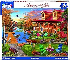 White Mountain 1000 Piece Jigsaw Puzzle Scenic Autumn Cabin Puzzles with Large Piece for Adults and Family 24"x30" - Adventures at the Lake