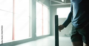 Prowler sled, fitness and man in gym, wellness and power with exercise, strength training and endurance. Progress, athlete and guy in health center, equipment and agility with workout and bodybuilder