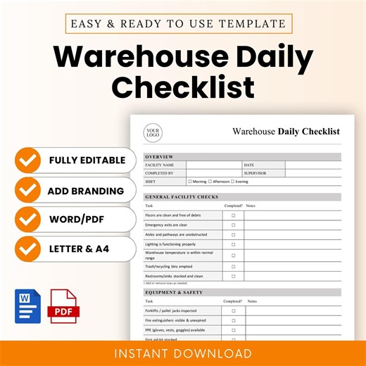 Warehouse Daily Checklist Template – Word & PDF, A4   US Letter - Etsy
