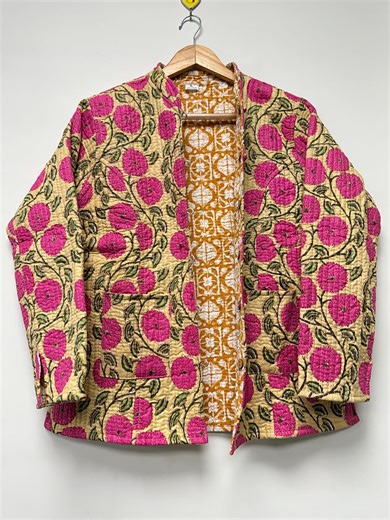 Handmade Reversible Cotton Quilted Jacket: Indian Block Print, Bohemian Floral - Etsy