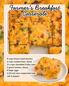 FARMER'S BREAKFAST CASSEROLE 🍳 6 cups frozen hash browns 🍳 2 cups cooked ham, diced 🍳 1½ cups shredded Colby Jack 🍳 2 green onions, sliced 🍳 8 large eggs 🍳 2 (12 oz) cans evaporated milk 🍳 salt & pepper | Crayons & Cravings