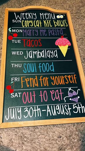 834K views · 10K reactions | Weekly menu board. Time to relax because it’s mostly TBD lol #chalkboard #chalkart #asmr #asmrsounds #asmrvideos #asmrvideo #soothing #soothingsounds #soothingvideos #asmrtiktoks #asmrtiktok #satisfying #satisfyingvideo #satisfaction #fyp #fypシ #chalkmarkers #algorithm #menu #menuboard #chalkboardmenu #dinnerideas | Ashia Bates | Facebook