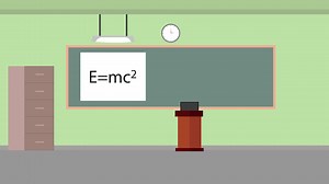 Download Female teacher giving physics lecture inside a classroom 4K animation. Teacher with a blackboard teaching physics 4K footage. Female flat character animation with a classroom interior. for free