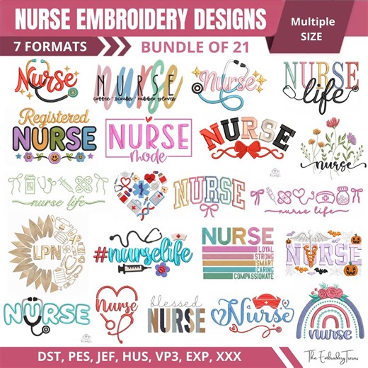 Nurse Embroidery Designs Bundle, - 21 Machine Embroidery Nurse Life Designs - Nursing Digital Files - PES DST JEF.. - Multiple Sizes - Etsy