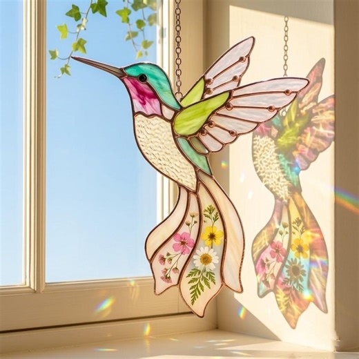 Hummingbird Acrylic Suncatcher, Floral Bird Window Hanging, Stained Glass Style Hummingbird Decor, Nature Sun Catcher, Hummingbird Glass Art - Etsy
