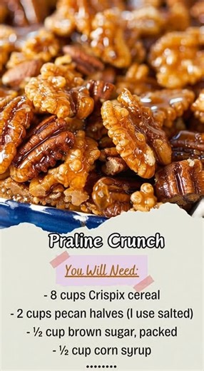 This Praline Crunch is a sweet and crunchy snack that combines pecans and Crispix cereal in a rich, caramelized glaze. It is easy to prepare and perfect for sharing at any occasion. 🥜 Praline Crunch Ingredients The Base: 8 cups Crispix cereal. 2 cups pecan halves (salted recommended). The Caramel Glaze: ½ cup brown sugar, packed. ½ cup corn syrup. ½ cup unsalted butter (standard for praline coatings). 1 teaspoon vanilla extract. Instructions Prepare the Mixture: In a very large bowl, combine th