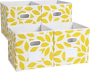 MAX Houser Fabric Storage Bins Cubes Baskets Containers with Dual Plastic Handles for Home Closet Bedroom Drawers Organizers, Foldable, Set of 4 (Yellow)