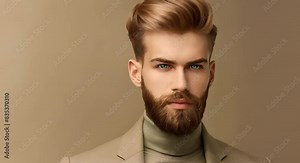 Exemplifying Modern Male Style: Handsome Model with Stylish Haircut and Groomed Beard. Concept Male Fashion, Hair Styling, Grooming Techniques, Modern Style, Handsome Models