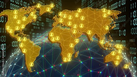 On load binary flickering golden map and clear globe pulsing, nodes lighting, visualizing data flow