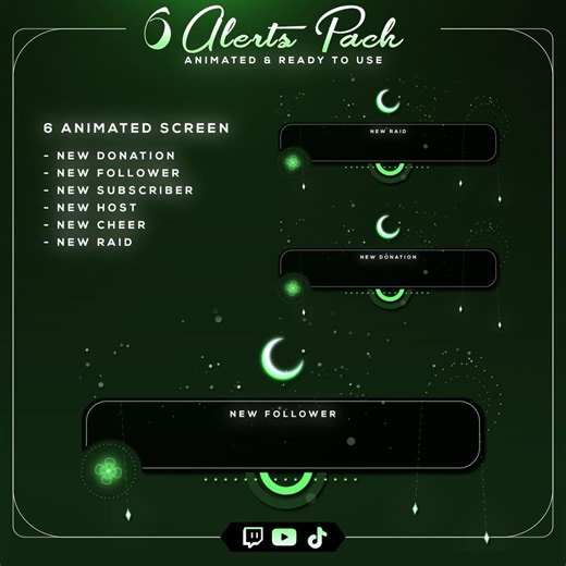 6 Animated Stream Alerts Pack | Green Neon Moon Alerts | Twitch Youtube Tiktok Alerts - Etsy