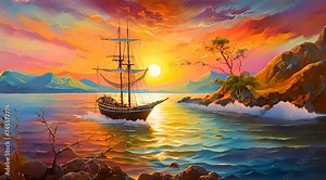 Abstract animation of a sailing ship at sunset. Sail, sea, stern, ocean, captain, ship, pirate, mast, wind, deck, torpedo, voyage, helm, anchor, sailor, calm. Generated by AI. Stock Video