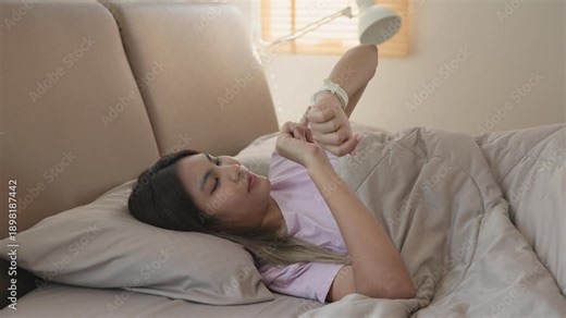 AI smart IOT watch wrist wear collect ECG heart rate data sleep track record health care device digital internet of things app. Asia people woman urban tech life home future living wake get up morning