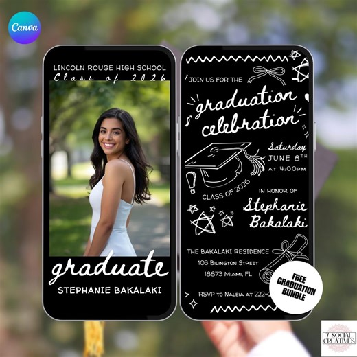 Black Doodle Graduation Party Invitation With Photo. Digital Hand Drawn College or High School Class of 2026 DIY Invite. Instant Download. - Etsy