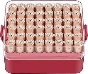 ALCYON Battery Organizer Storage Case, Battery Vault Box Container for 48pcs AAA Batteries, Plastic Clear Protective Battery Holder for Travelling/Home/Office (Red, Small)