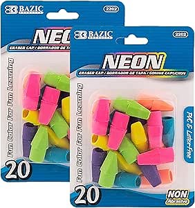 BAZIC Products Neon Eraser Top, Latex-Free Pencil Top Erasers with Arrowhead Caps, Non-Toxic Erasers for Kids, Students, Teachers, Classroom, Art, Homework & School Supplies, 20/Pack, 2-Pack