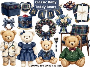 Classic Tedy Bear Clipart - Polo Bear - Nursery Clipart - Baby Shower PNG, Tartan Teddy Bear Clipart, Digital Download, CU - Etsy