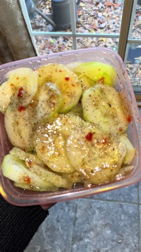 Simple Cucumber Salad Recipe Ingredients: -Cucumbers -Italian dressing -Black pepper -Tomatoes (optional) Steps: 1. Peel and slice cucumbers. 2. Add a few slices to your closable container and lightly season with black pepper. 3. Add some of the Italian dressing — enough to cover the cucumber. 4. Add another handful of cucumber and repeat steps 2 & 3 until all of the cucumber has been added. 5. Close the container and put it in the fridge to marinate and chill ( at least 30 minutes) 6. Enjoy! No