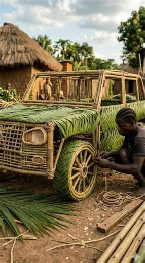 He built a full-size luxury car using only bamboo and palm leaves 😳🌿No machines.
