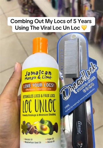 5 years of locs combed out with Loc Un Loc 👀 @Taj 🫧 Dampen the hair, apply product to one loc, then start from the ends and take your time. Thinking about combing out your locs? Tap the product link to shop Loc Un Loc. #LocUnLoc #LocCombOut #LocJourney #JamaicanMangoAndLime #LocTok