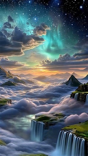Where Earth Meets the Cosmos: Liquid Sky & Floating Valleys 🌌 Let it pull you in—liquid sky, cloud-lakes, auroras in ribbons. If wonder had an address, it would be here. Are you coming? Drift into a world where mountains float and the sky feels soft to the touch. An S-shaped river glows like molten gold, cutting through violet fog while pine ridges rise from seas of clouds. Above, magenta-and-cyan auroras cascade in silk-thin beams, lighting hidden lakes that shimmer with pastel halos. Canyons 