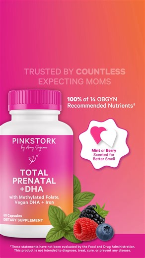 Two easy capsules, a whole lot of support.* 100% Daily Value of 14 OBGYN-recommended vitamins nutrients, like Methylated Folate, Vegan DHA, Iron, to support you baby through every trimester.* *These statements have not been evaluated by the Food and Drug Administration. This product is not intended to diagnose, treat, cure, or prevent any disease. | Pink Stork