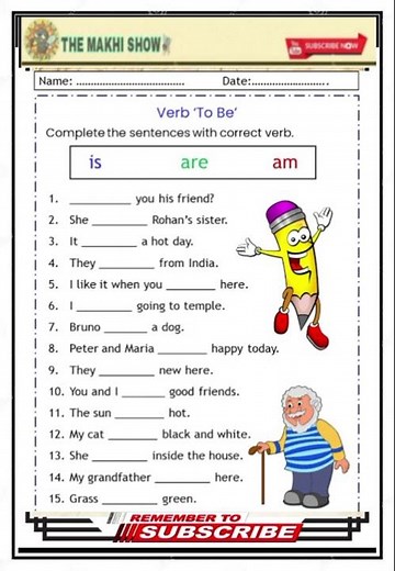 Verb 'To Be' Worksheet for Kids | Is, Are, Am Activity | English Grammar Practice
