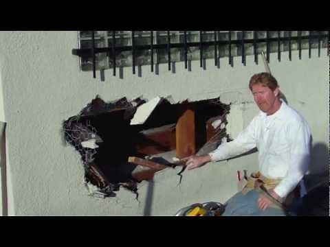 Repair a hole in an exterior stucco Wall. My dads first video