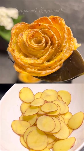 1.6M views · 16K reactions | วิธีทำดอกกุหลาบสำหรับตกแต่งอาหารด้วยมันฝรั่ง How to make roses to decorate food with potatoes #decoration #potato #CrispyPotatoes #ไอเดียอาหาร #ครัวไทยในต่างแดน #มันฝรั่งอบกรอบ | Suppanuch Suppanuch | Facebook