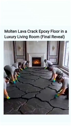 wisdomhubs on Instagram: "The post showcases a 23-second time-lapse video of professionals installing a stunning molten lava-inspired epoxy floor in a luxury living room, transforming an ordinary concrete surface into a sleek, glossy black masterpiece with glowing orange crack patterns. Embedded LED strips enhance the molten effect, creating a dramatic, futuristic visual that looks straight out of a sci-fi movie. This flooring technique relies on metallic epoxy resin blended with pigments and he
