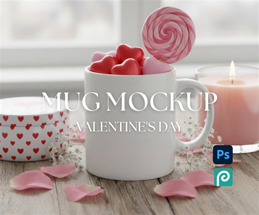 Valentine's Day 11oz Ceramic Mug Mockup PSD, Romantic Coffee Cup Mockup With Hearts and Lollipop, Smart Object Mug Mockup, Digital Download - Etsy