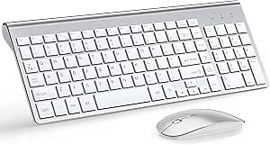 Wireless Keyboard and Mouse Ultra Slim Combo, TopMate 2.4G Silent Compact USB 2400DPI Mouse and Scissor Switch Keyboard Set with Cover, Batteries Included, for PC/Laptop/Windows/Mac - Silver White