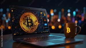 A laptop with a Bitcoin symbol on the screen and a coffee mug with a Bitcoin symbol on it.