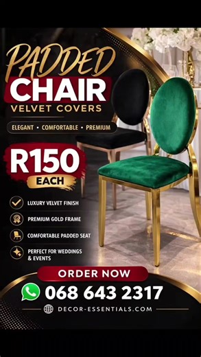 🔥 EVENT PLANNERS & CATERERS — THESE DEALS WILL SAVE YOU THOUSANDS! 🔥 . If you run events, catering, decor hire or party setups, this is the perfect time to stock up with our latest Decor Essentials SALE DEALS. . Here’s what’s available right now 👇 🍽 Crockery Dinner Plates Only R29 each ✔ Large 26cm plates ✔ Durable & high quality ✔ Perfect for catering & events . 👑 Padded Velvet Chair Covers Only R150 each ✔ Luxury velvet finish ✔ Premium gold frame look ✔ Perfect for weddings & VIP events 