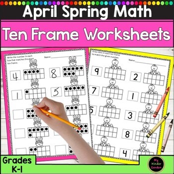 April Spring Math Ten Frame Worksheets Count, Draw and Write 1-10 Kindergarten