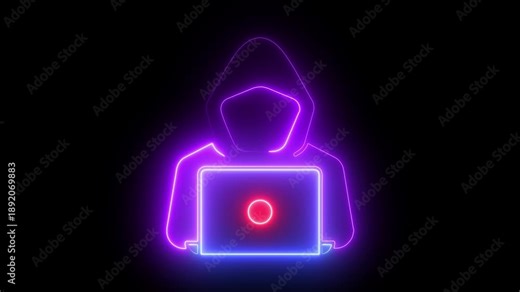 Neon hacker icon on black background representing cybercrime technology and digital security concepts, Glowing neon Hacker Cybercriminal with laptop icon animation. Hacker is cybercriminal