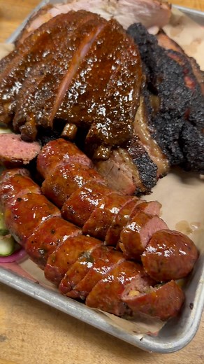 Meat Tray and sides @butters_bbq Brisket, Pork Ribs, Turkey, Jalapeño Cheese Sausage, Pinto Beans, Esquites, and Potato Salad #EatMoreBarbecue @butters_bbq #supportyourlocalpitmaster | S & S Pit Crew