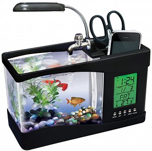 Desktop Cubical USB Mini Aquarium Fish Tank w/ LED Light Lamp LCD Clock Filter $30 shipped