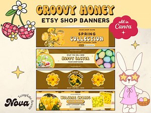 6 Retro Spring Etsy Shop Banners Canva Templates, Groovy Flower Power Aesthetic Shop Kit, Storefront Branding, Easter Pack, Groovy Honey - Etsy