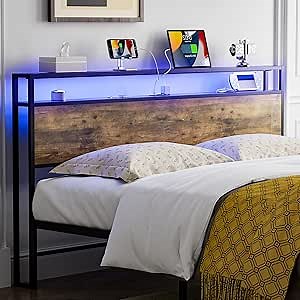 R RUIVIVRE King Size Storage Headboard with LED Lights and Charging Station, 2-Tier Storage Shelf, Rustic Brown Industrial Metal and Wood Construction, Headboard for Bedroom, Attach Frame