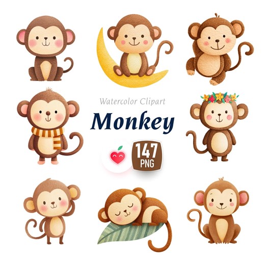Monkey Clipart PNG, Watercolor Monkey Illustration, Safari Animals