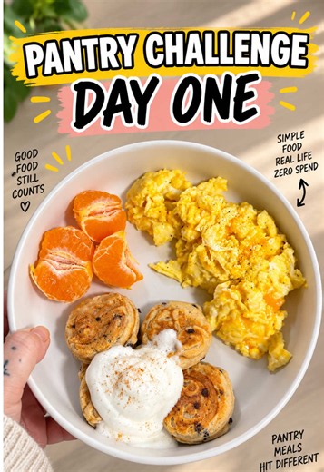 Pantry Challenge: Day 1 🥣✨ No grocery run. No “just one quick stop.” We’re eating what we already have and seeing how long I can feed a family of five without spending money on groceries. Breakfast was scrambled eggs, mini pancakes with whipped cream because we’re out of syrup 😂, and mandarins. Nothing fancy, just using what’s already in the fridge, freezer, and pantry before buying more. #pantrychallenge #nospendchallenge ##zerowaste #budgetmeals #cheapmeals